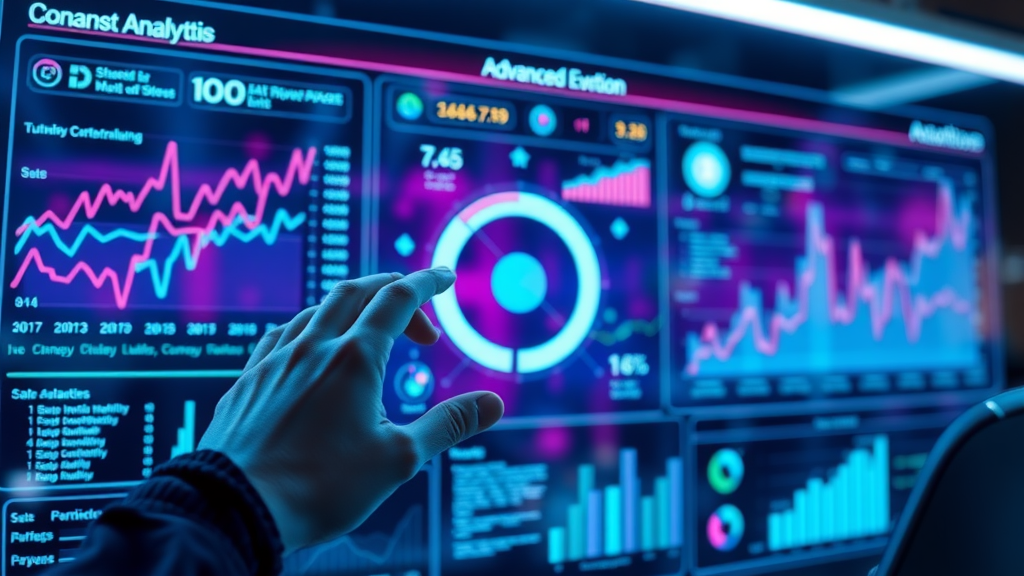 Futuristic AI market dashboard displaying advanced analytics for professional services content marketing