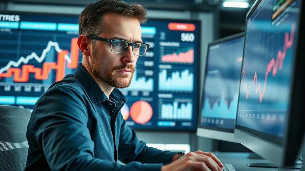 Focused marketing manager, analyzing SEO metrics on large computer screen, calculating. high-tech digital workspace with graphs and charts displayed. search engine metrics for contractor blogs