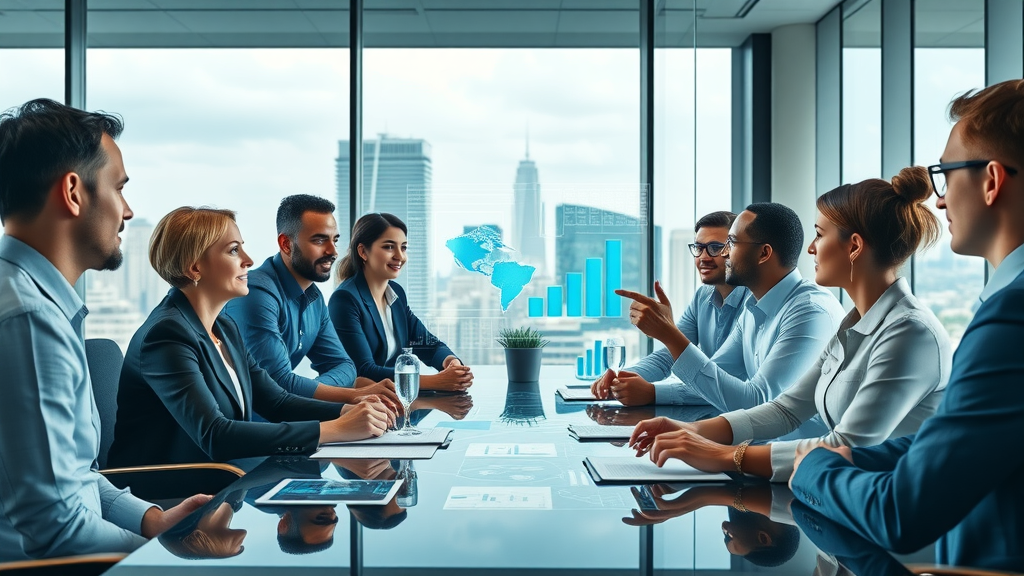 Boardroom of professionals collaborating on AI content strategy for professional services in a high-tech, glass-walled office cityscape