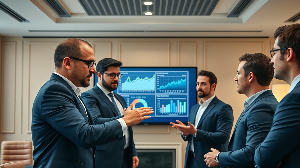 Professional services team strategizing AI content marketing using advanced analytics displays